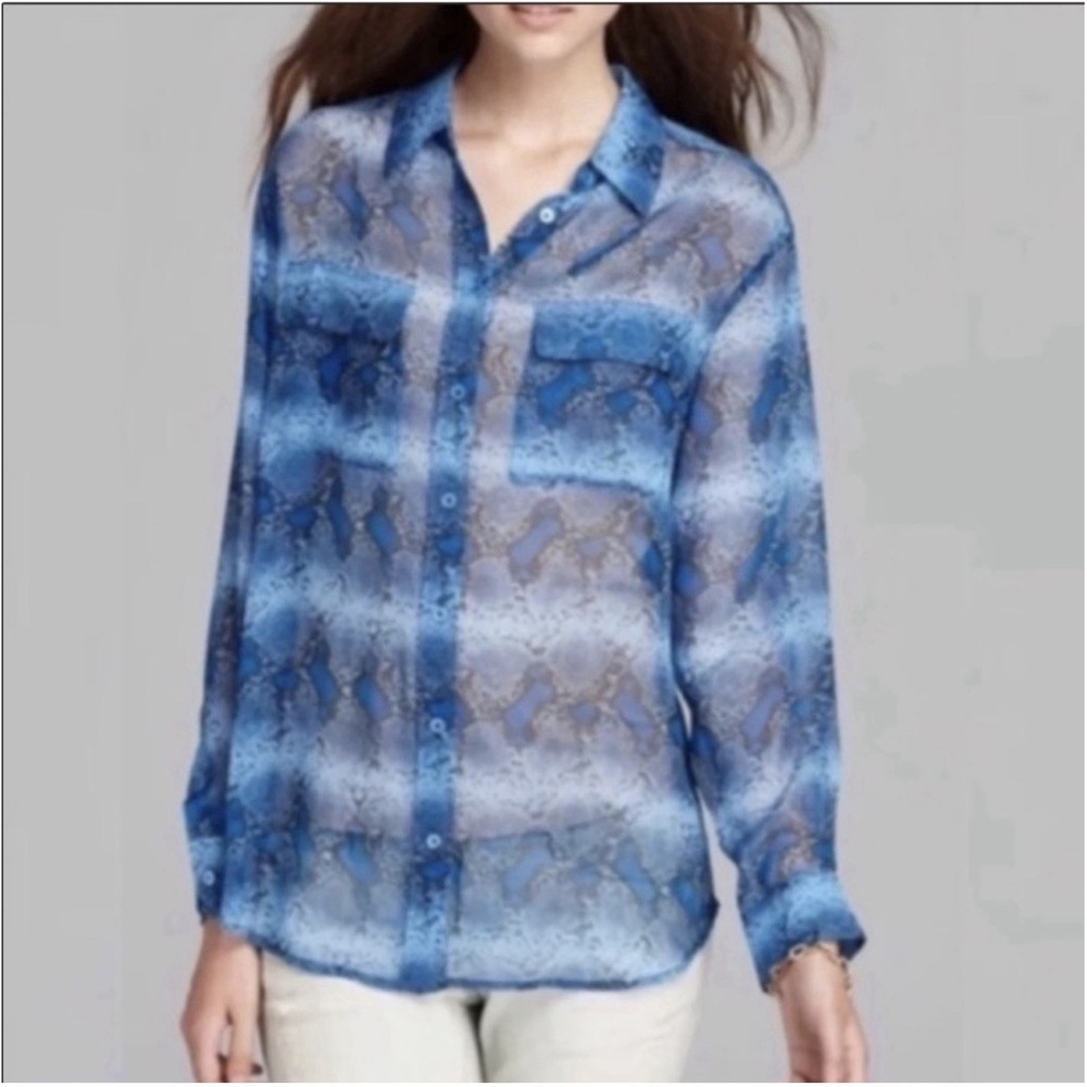 Equipment Femme Blue Python Sheer Silk Blouse Q654-E035 XS‎